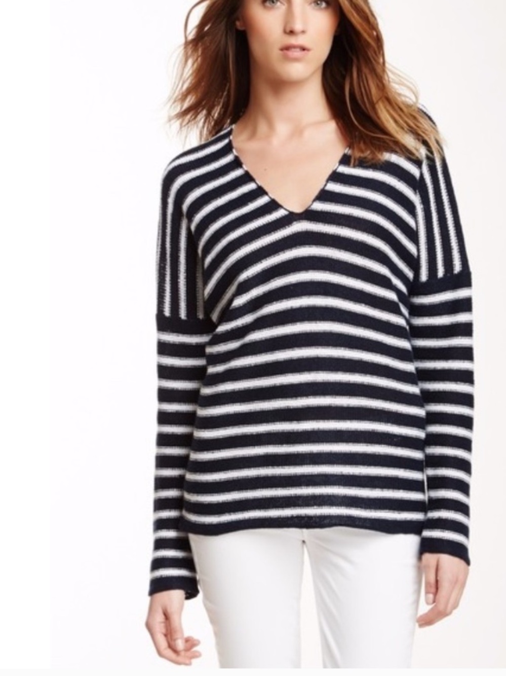 Vince Navy and White Striped V-Back Sweater